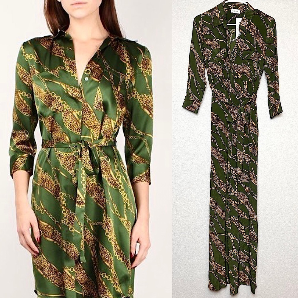 NWT L'AGENCE 70s Silk Chain Leopard Tie Waist Button Up 3/4 Sleeve Jumpsuit S